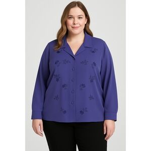 Modern Essentials Woman 26W Purple Embroidered Beaded Blouse‎ Button Front...